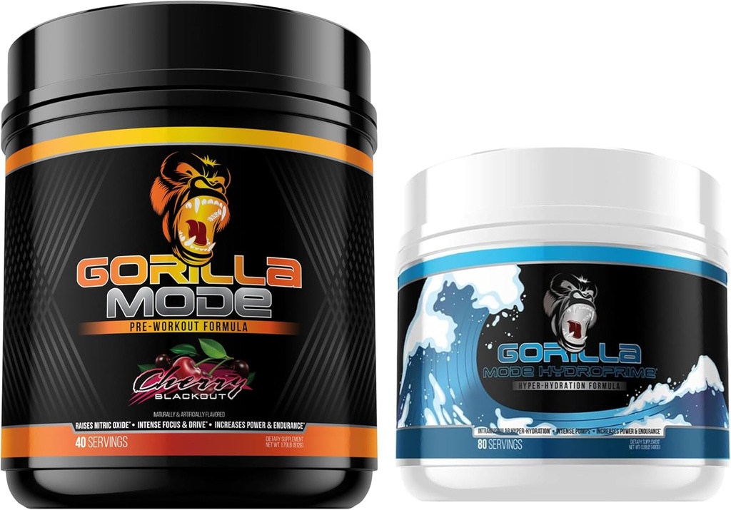 Gorilla Mode Pre Workout (Cherry) + HydroPrime Glycerol Pre Workout - Comprehensive Stack for Hyper-Hydration, Pump, Power, Endurance, and Thermoregulation