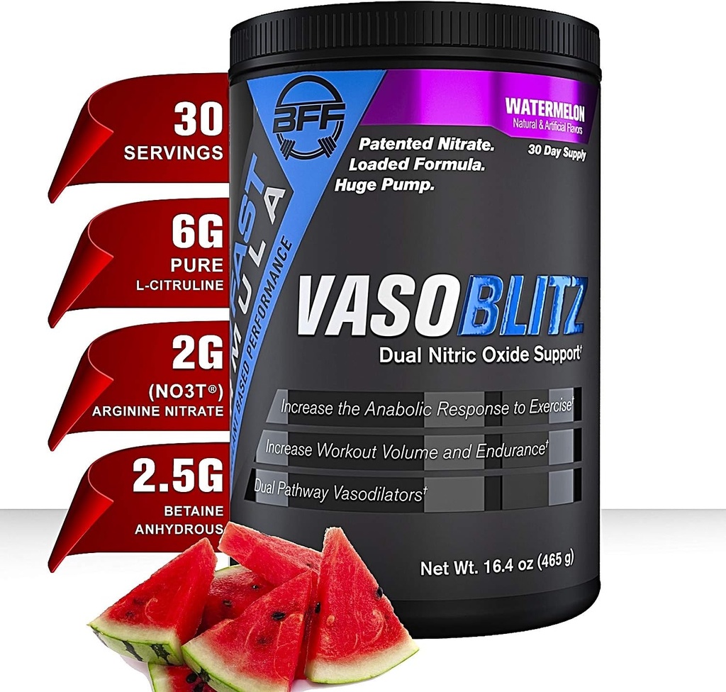 VASOBLITZ Award Winning Dual Nitric Oxide Pre Workout with NO3T Arginine Nitrate,L-Citrulline,Betaine Anhydrous,Calcium Lactate,Caffeine Free for Muscular Endurance(30 Serving) (Watermelon)