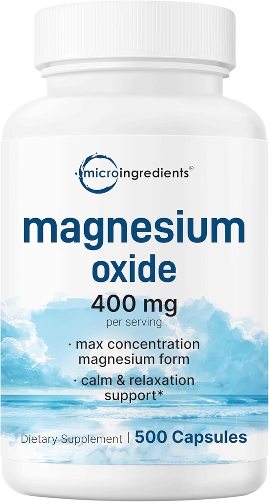 Magnesium Oxide 400mg, 500 Capsules | Elemental Form for Max Concentration | Supports Calm, Muscle & Nerve Health | Non-GMO