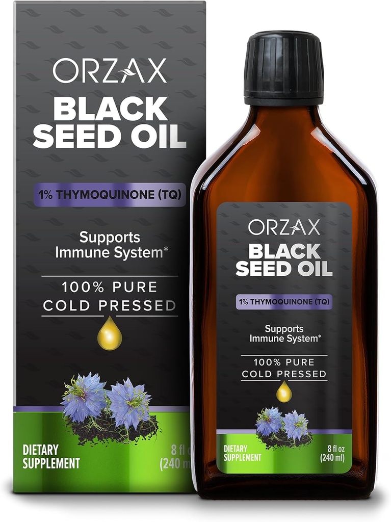ORZAXブラックシードオイル液(8 fl oz) - コールドプレス100%ピュア | 完全菜食主義者のグルテンフリー、非GMO | 5000mg 黒カミン(ナイジェラサティバ) 50mg Thymoquinoneでオイル | オメガ3-6-9で豊富 | ガラスボトル