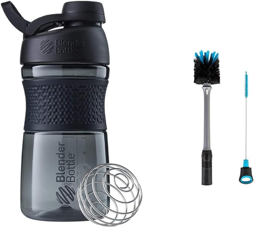 BlenderBottle SportMixer シェーカー ボトル パーフェクト プロテインシェークとプレワークアウト、20-Ounce、ブラック&2-in-1シェーカー ボトルとストロークリーニングブラシ、1パック、グレー
