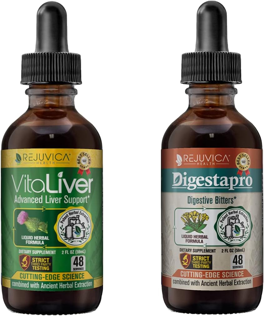 Rejuvica Health VitaLiver & DigestaPro - 高度な肝臓と消化器サポート - より良い吸収のための液体配達 - ミルクアザミ、Chanca Piedra、アーティチョーク、タンポ、その他!
