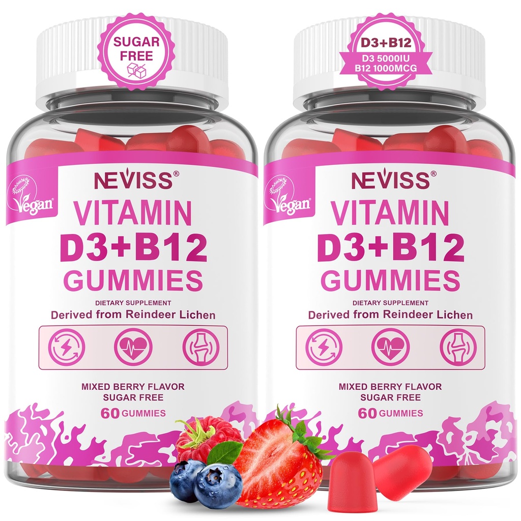 NEVISS 2パックビーガンビタミンD3 +ビタミンB12グミ、高効力D3 5000IU&1000 mcgメチル化されたB12、ビタミンD3と大人のためのB12、サポート骨の健康、免疫&エネルギーサプリメント、120カウント