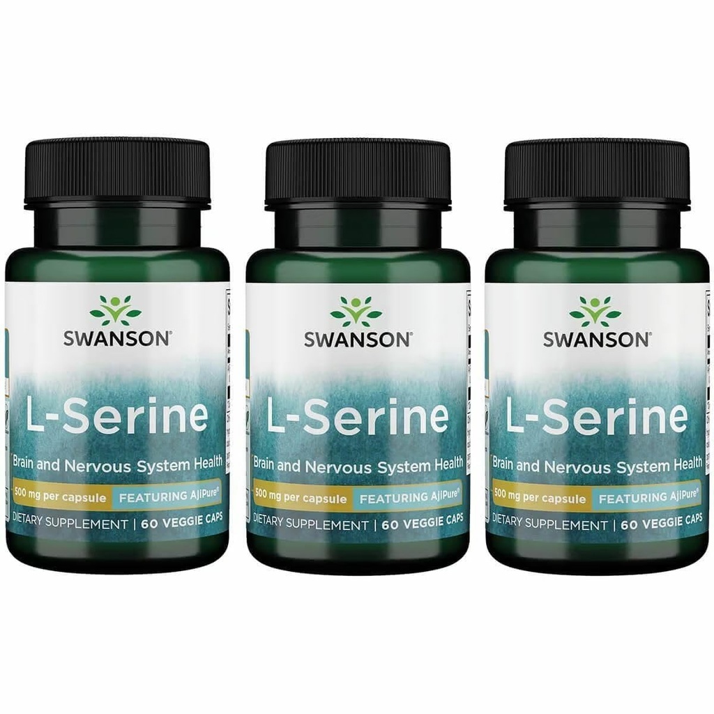 Swanson Ajipure L-Serine - 脳の健康と神経系機能をサポートするアミノ酸サプリメント - 認知機能を促進する天然式 - (60ベジギーカプセル、500mg各) (3パック)