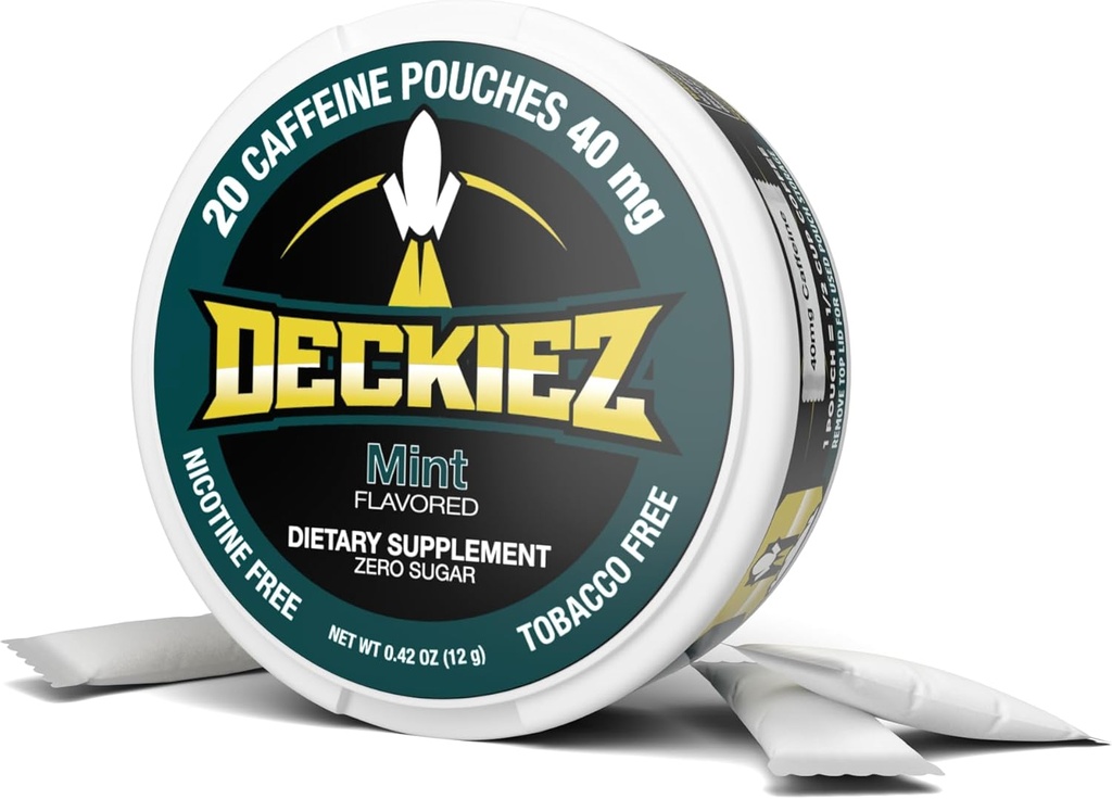 Deckiez エネルギー ポーチ, 5 缶 (100 サービング), 砂糖 無料のカフェイン サプリメント, コーヒー ポーチ & エネルギー ドリンク 代替, 50 mg カフェイン ポーチ, ミント フレーバー