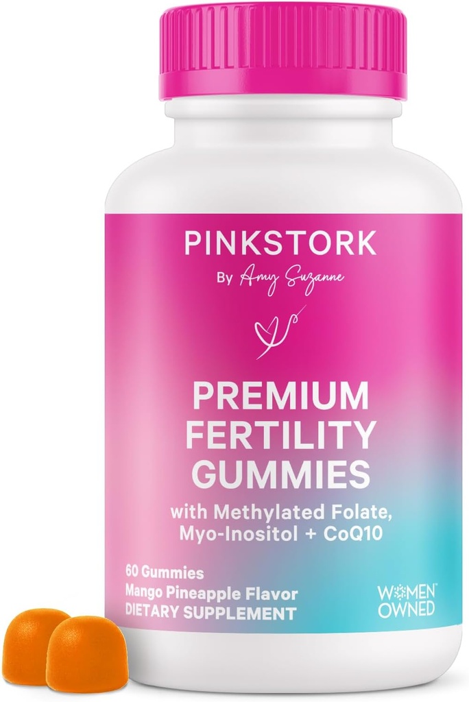 Pink Stork Fertility Gummies for Women – Pineapple Mango Flavor, Conception Support with Myo-Inositol, CoQ10, Folate, Zinc, Vitamin D, B6, B12 – Hormonal & Reproductive Health Supplement – 60 Gummies