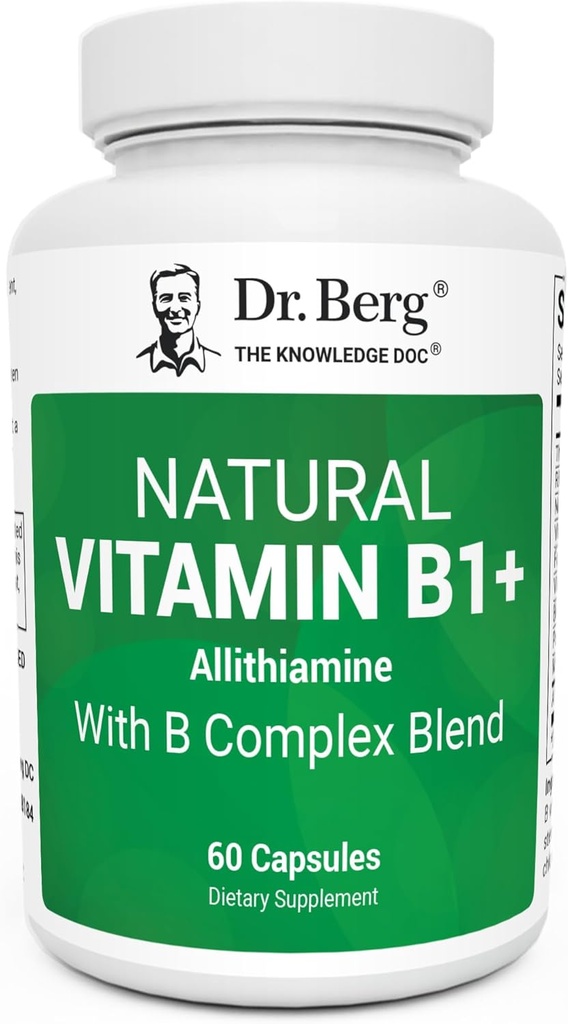 Dr. Berg Natural Vitamin B1 B6 B12 Complex - Allithiamine Vitamin B1 Supplement with 8 Essential Vitamin B Complex for Men & Women Including Thiamin, Niacin, Folate, Magnesium & More - 60 Capsules