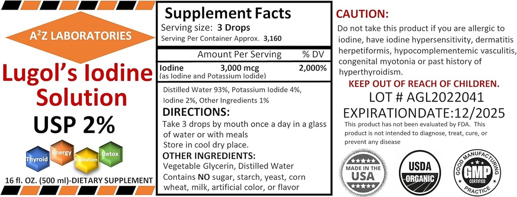 A2Zオーガニックルゴールのイオジンとカリウムイオデド2%溶液3000 mcg - 液体サプリメントは、女性と男性、代謝の健康、デトックスブースト-16 Fl Oz / アメリカ / シフト今日の甲状腺サポートのためのドロップ! (1)