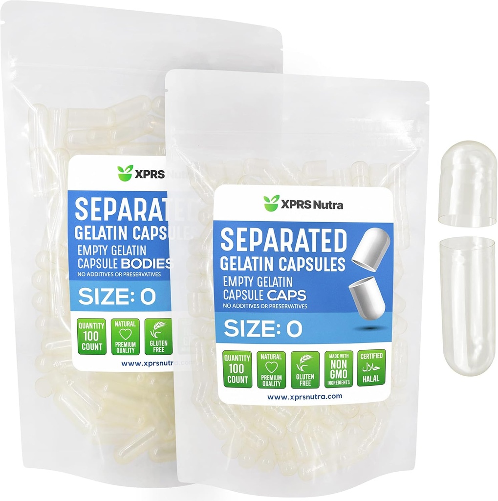 XPRS Nutra Gelatin Size 0 Separated Capsules - 100 Count Clear Empty Capsules Separated in Bags - Size 0 Gelatin Pills - Clear Gel Caps for DIY Supplement Filling