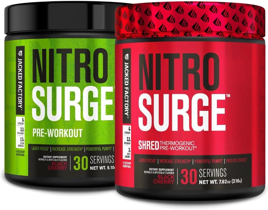 Jacked Factory Nitrosurge Pre-Workout in Black Cherry & Black Cherry Nitrosurge Shred Thermogenic Pre-Workout for Men & Women