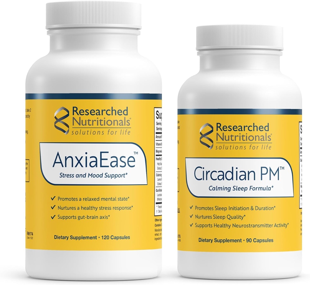 リサーチ栄養リラクゼーションサポートバンドル - AnxiaEase Stress、Cortisol Management & Mood Support Supplement(120カプセル)、Circadian PM for Peaceful Night(90カプセル)