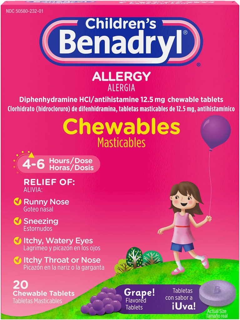 Benadrylの子供のアレルギーの薬はDiphenhydramine HCl、Chewableの子供のアレルギーの症状の救助のためのDiphenhydramine HCl、Sneezing及びItchyの目、ブドウの味、20のctsとChewableの子供を震動させます