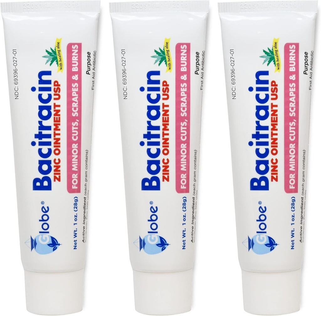 グローブ(3パック)バシクラシン亜鉛軟膏+アロエ1oz - 傷治癒のための最大の強度抗生物質 - カット、バーン、スクレープのための薬用ソリューション - 皮膚感染症と応急処置