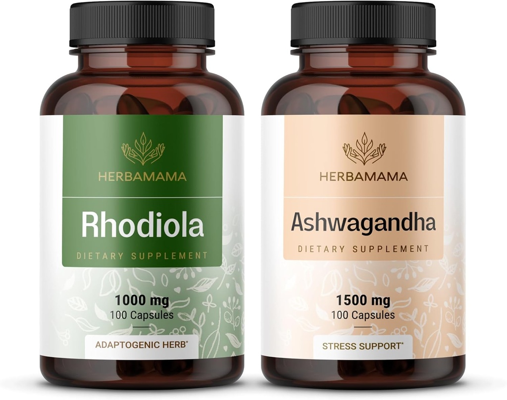 HERBAMAMA Rhodiola RoseaとAshwagandhaキット - 1000mg Rhodiola Roseaカプセル&1500mg Ashwagandhaルートカプセルのバンドル - ビーガン、非GMO、ゼラチンフリー - 2パック