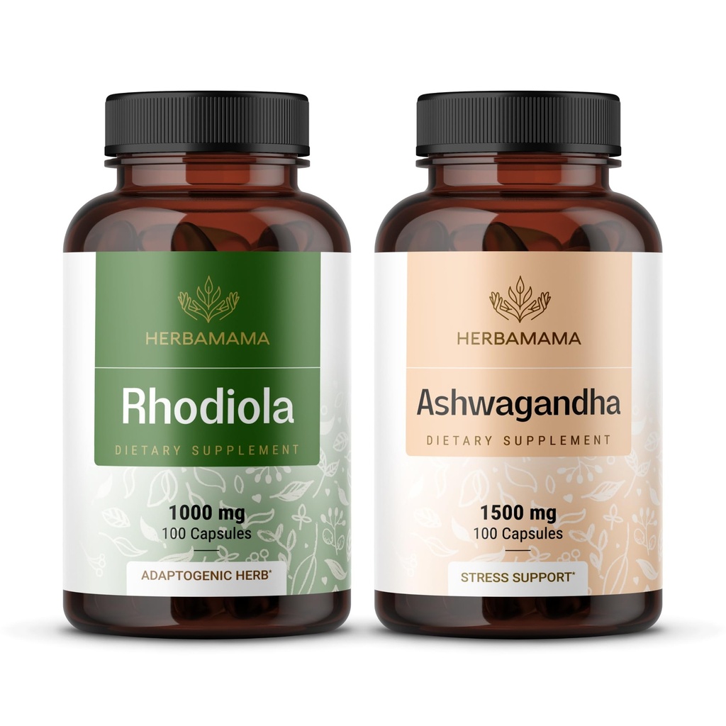 HERBAMAMA Rhodiola RoseaとAshwagandhaキット - 1000mg Rhodiola Roseaカプセル&1500mg Ashwagandhaルートカプセルのバンドル - ビーガン、非GMO、ゼラチンフリー - 2パック