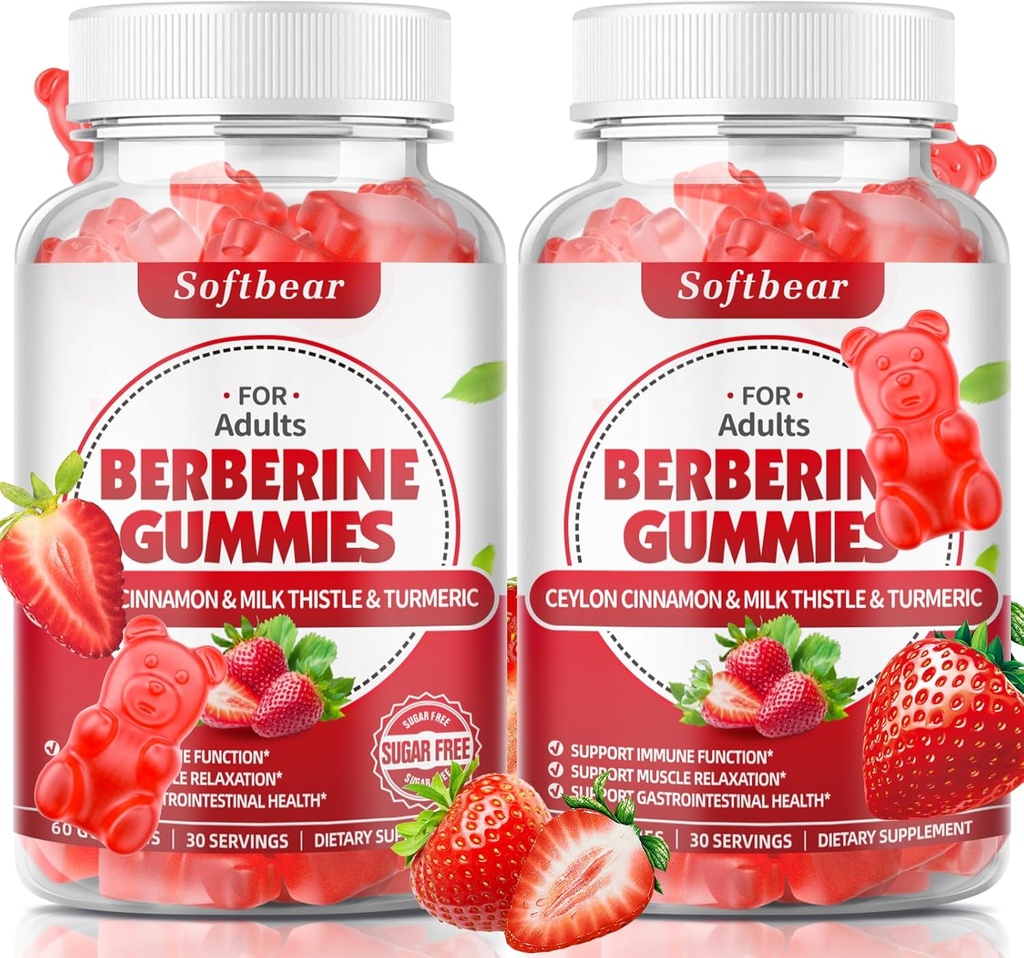 softbear Berberine with Ceylon Cinnamon Gummies Organic Berberine HCL 1500mg for Metabolism Immune Health Sugar-Free Berberine Supplements Strawberry Flavored 120 Count