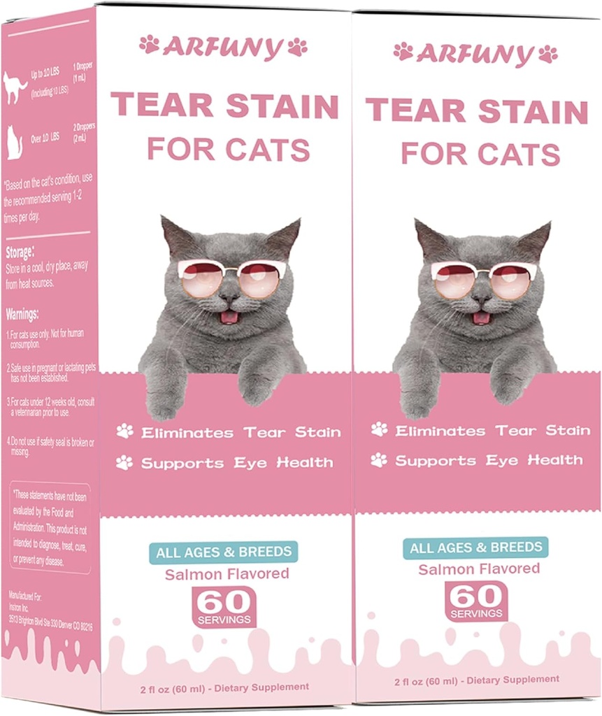 2 Packs Tear Stain Supplement for Cat - Prevent and Eliminate Cats Tear Stains - 60ML Cat Tear Stain Remover Drops for Eye Health, Immune System - with Cranberry, Marshmallow & Vitamins - Salmon