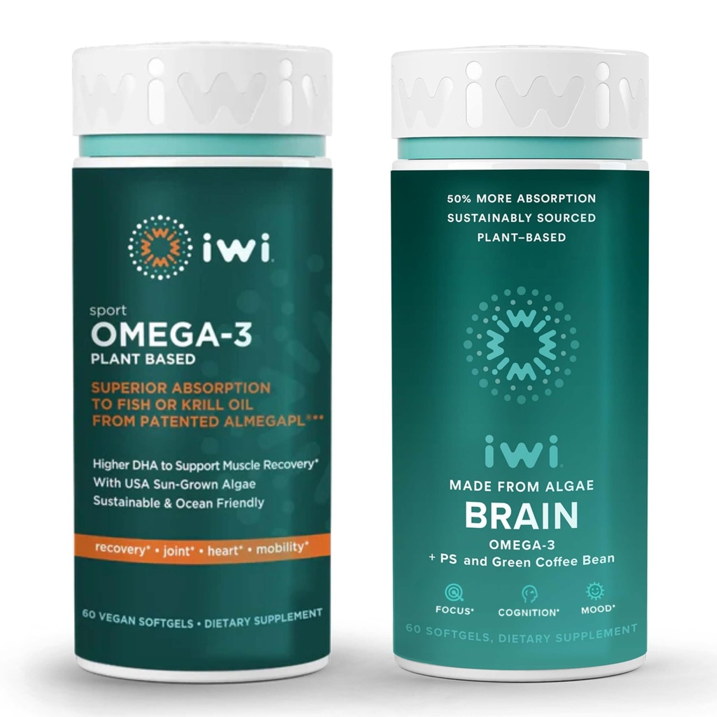 iwi Omega-3スポーツ&ブレインオメガ-3バンドル、30サービング、ビーガン植物ベースの藻オメガ3 EPA + DHA、Krill&フィッシュオイル代替、魚介のAftertasteなし
