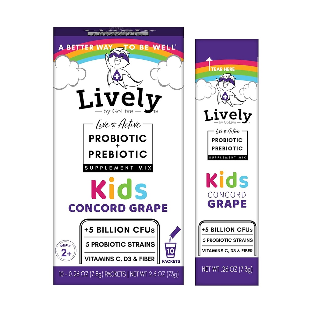 Lively (by GoLive) KIDS CONCORD GRAPE Synbiotic (Probiotics+Prebiotics); 5 Clinical Strains; +5 Billion CFUs. Probiotics & Prebiotics KIDS for Digestion, Metabolism, Immunity. (10 Packs)