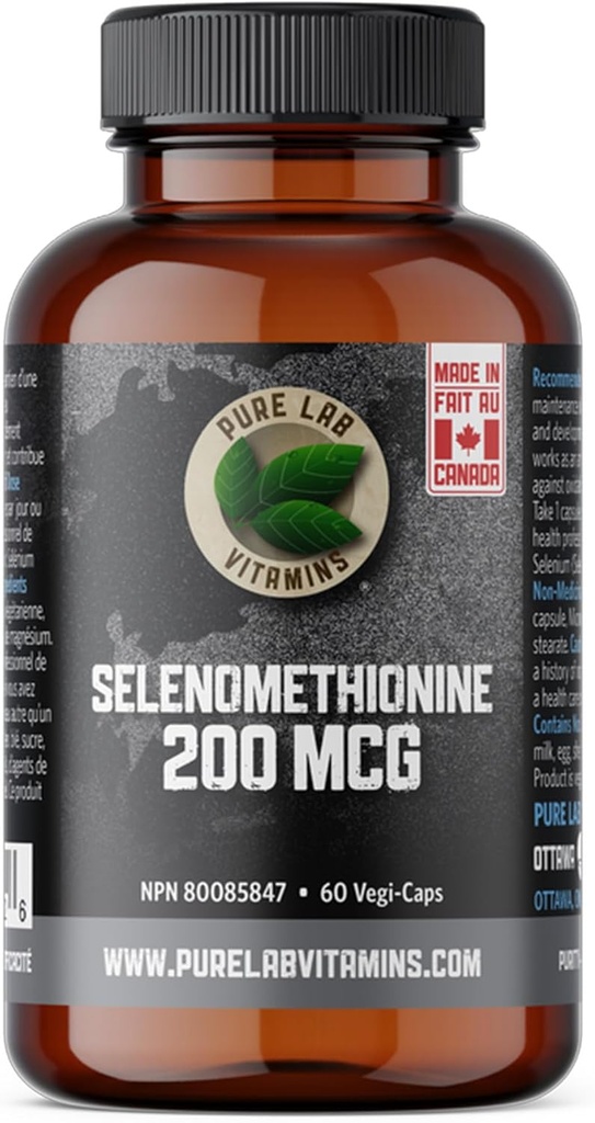 Selenium 200mcgの補足-Selenomethionine -純粋な実験室のビタミンによる60のv帽子-カナダで作られるグルテンフリーのGluten。