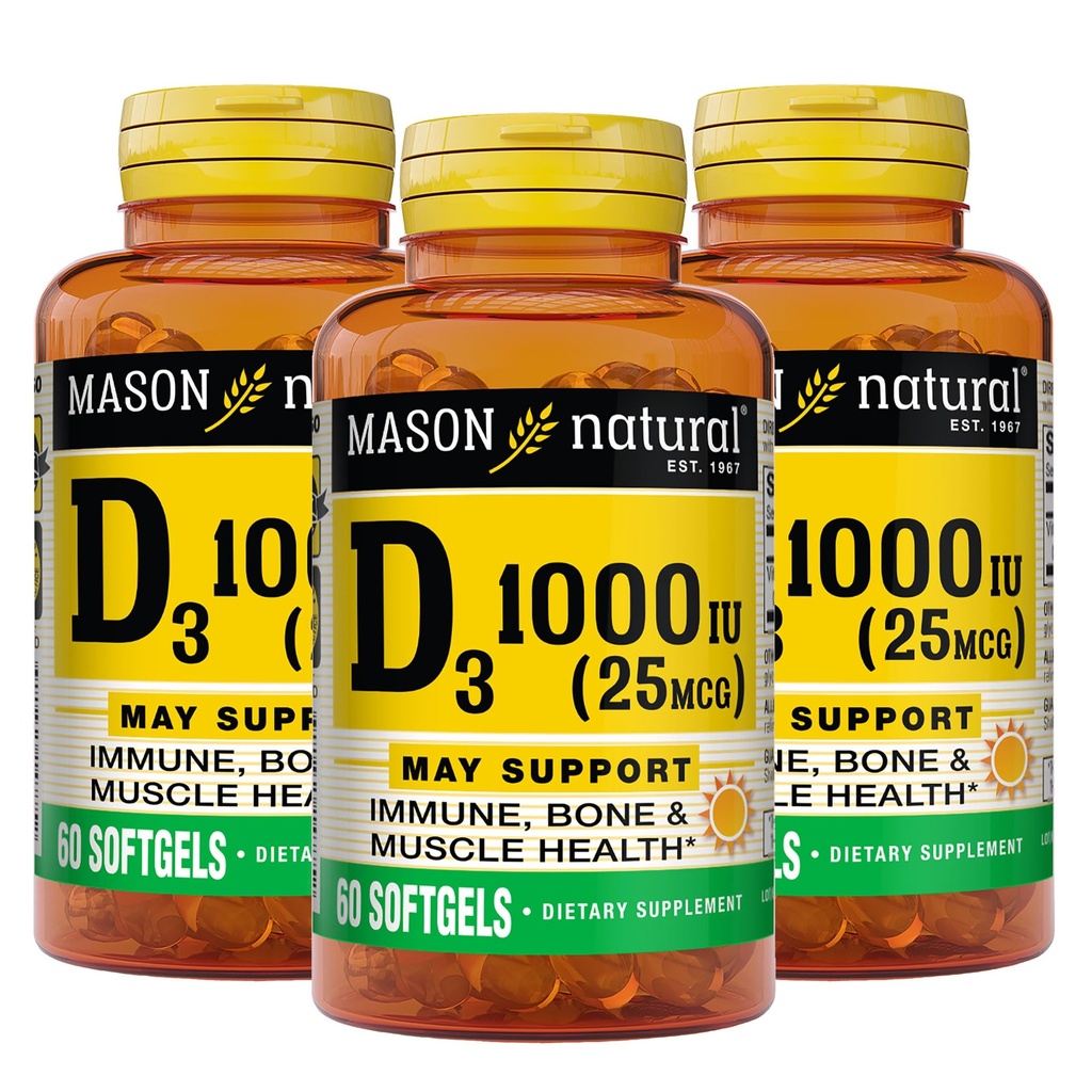 MASON ナチュラル ビタミン D3 25 mcg (1000 IU), Bone & Immune サポート, フィッシュ ライバー オイルから, 60 Softgels (パック 3)