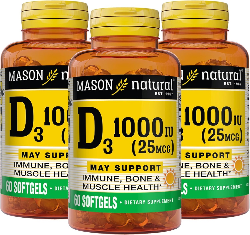 MASON ナチュラル ビタミン D3 25 mcg (1000 IU), Bone & Immune サポート, フィッシュ ライバー オイルから, 60 Softgels (パック 3)