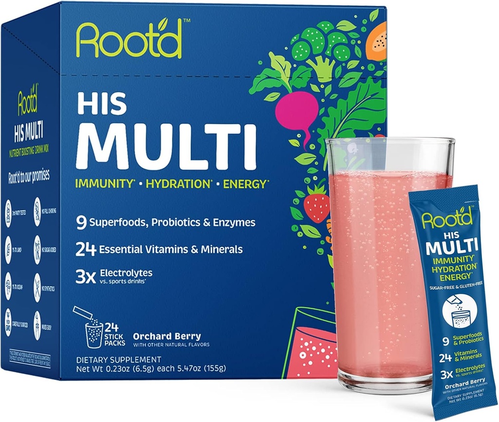 人のための3X電解質が付いているRoot'dのMultivitaminの粉- 24のビタミン及び鉱物、3X電解質、9有機性スーパーフード、プロバイオティクス及び酵素、砂糖なしのマルチビタミン及び水和の  24のパケット