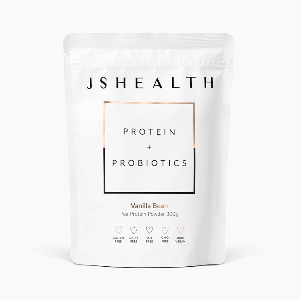 JSHealth ヴィーガン Pea Protein Powder with Probiotics - バニラビーンズ風味 - グルテンフリー、非GMO、植物ベースのタンパク質ドリンクミックス、300g