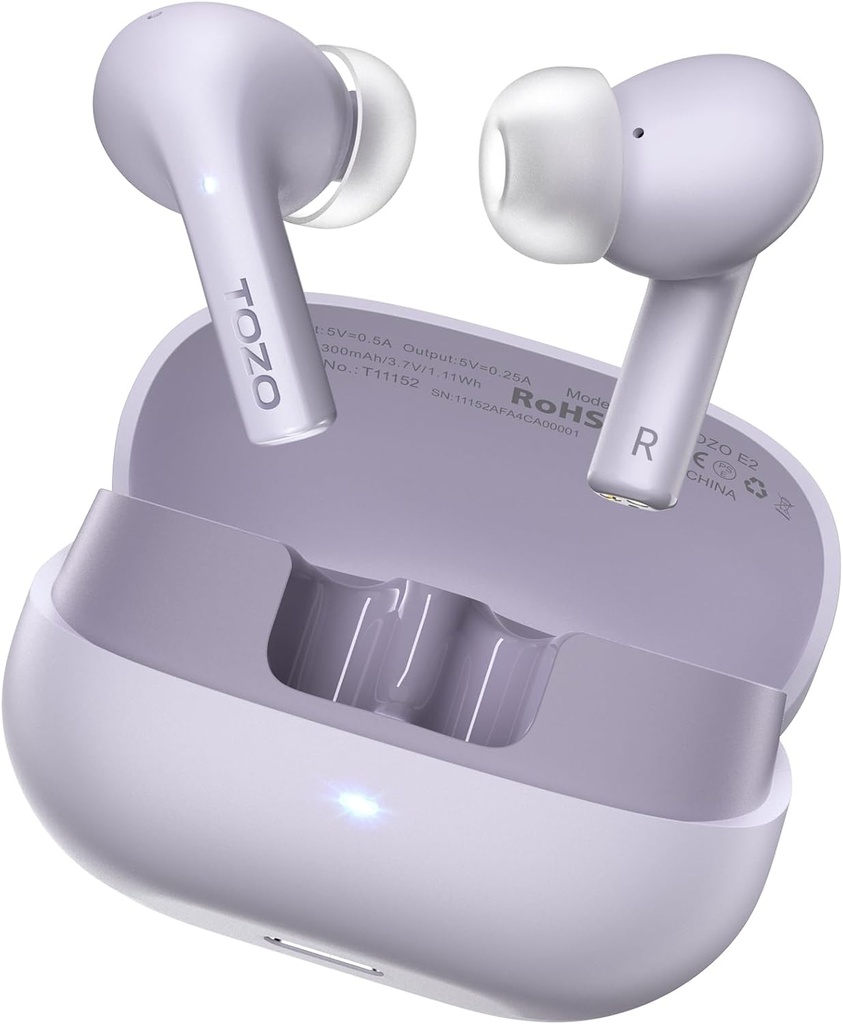 TOZO E2のMics AIの呼出しの騒音のキャンセル、強力な低音の10mmの運転者が付いている無線E2イヤフォンは32 EQs、30Hの再生時間、Bluetooth 5.3の耳の芽、慰めの適合の後部ヘッドフォンをカスタマイズします