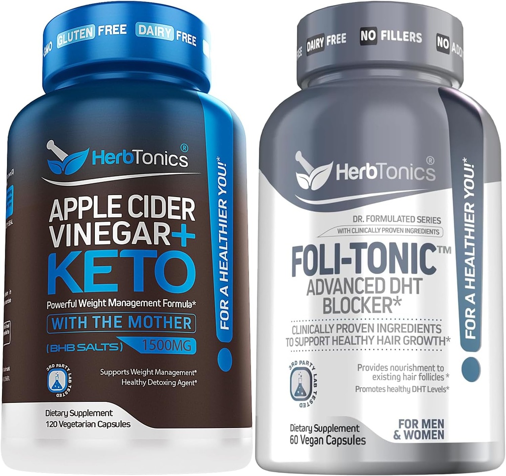 Herbtonics Apple Cider Vinegar Capsules Plus Keto BHB | Fat Burner & Weight Loss Supplement for Women & Men - Foli-Tonic DHT Blocker & Hair Loss Supplement | Hair Thinning Treatment