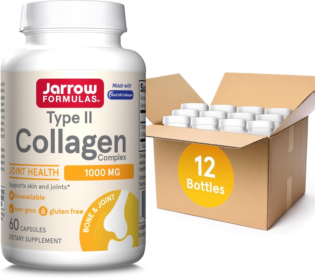 Jarrow Formulas Type II Collagen Complex 1000 mg Supplements, Supports Skin and Joint Health, 60 Capsules, 30 Day Supply(Pack of 12)