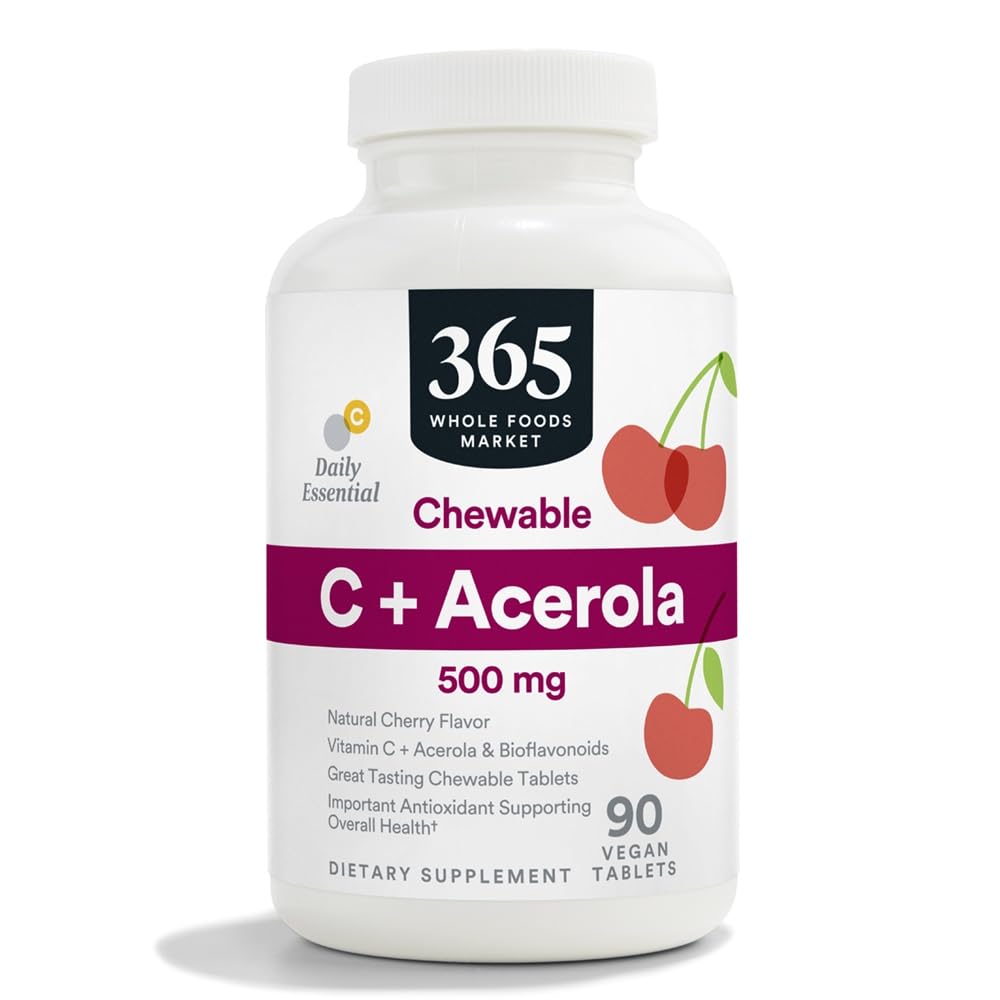 365 by 全食品市場、Chewable C + Acerola C 500mg、天然チェリー味、ビーガン、90錠