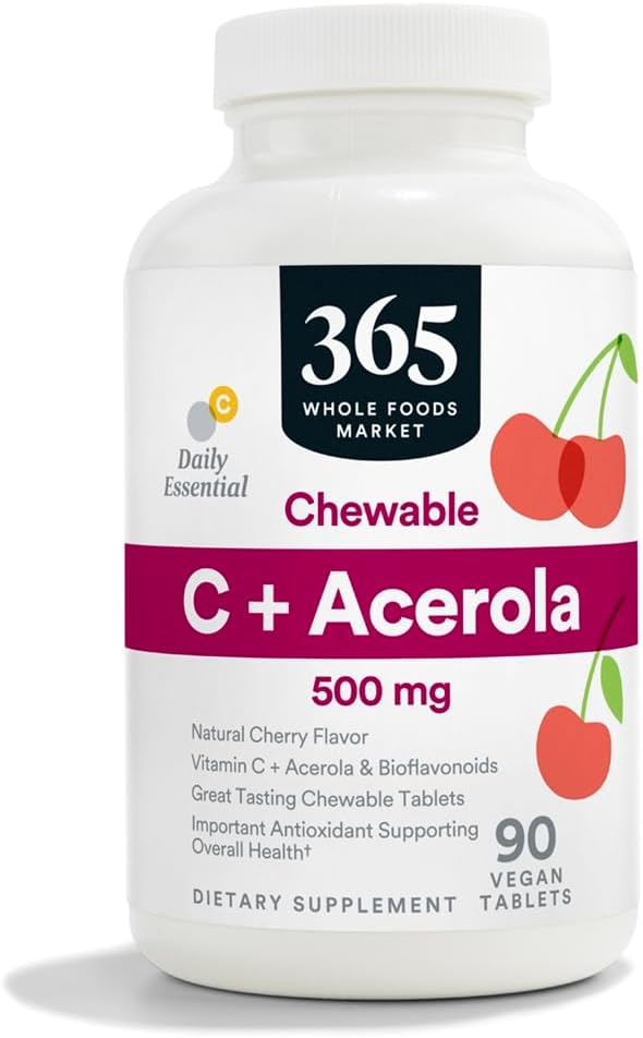 365 by 全食品市場、Chewable C + Acerola C 500mg、天然チェリー味、ビーガン、90錠