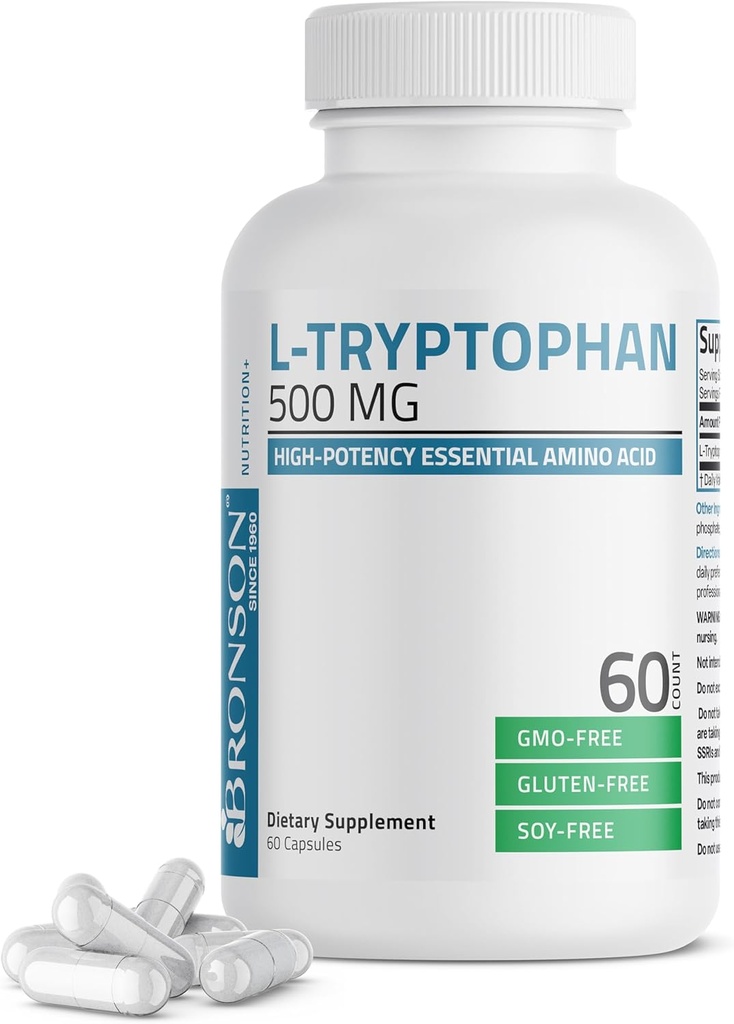 Bronson L-Tryptophan 500 MGの高い効力のエッセンシャルのアミノ酸は弛緩及び肯定的な気分サポート非GMOの60のカプセルを支えます