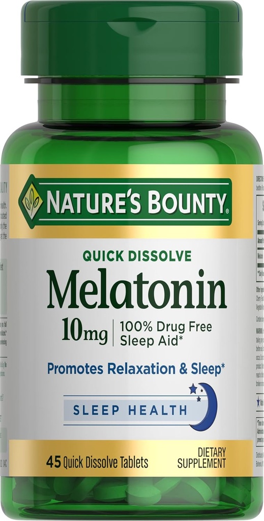 Nature's Bounty Melatonin, 100% Drug Free Sleep Aid, Dietary Supplement, Promotes Relaxation and Sleep Health, 10mg, 45 Quick Dissolve Tablets