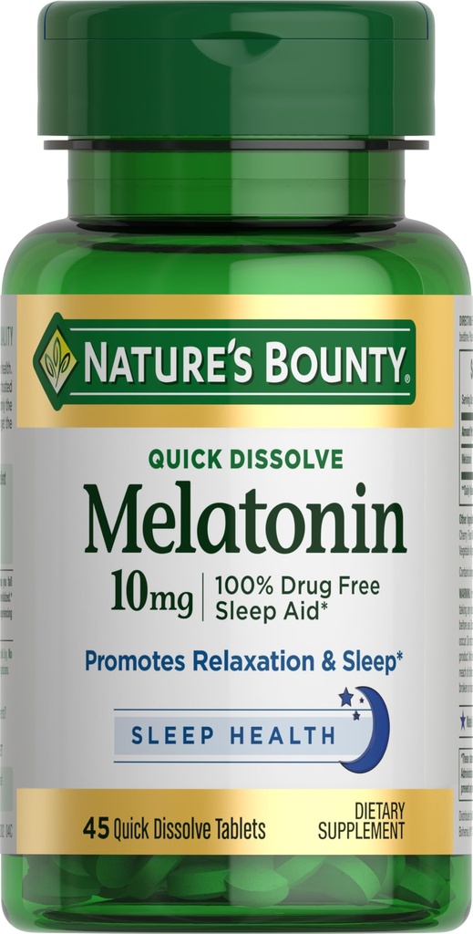 Nature's Bounty Melatonin、100%の薬剤の自由な睡眠の援助、食事療法の補足は、弛緩および睡眠の健康、10mg、45の速い分解のタブレットを促進します