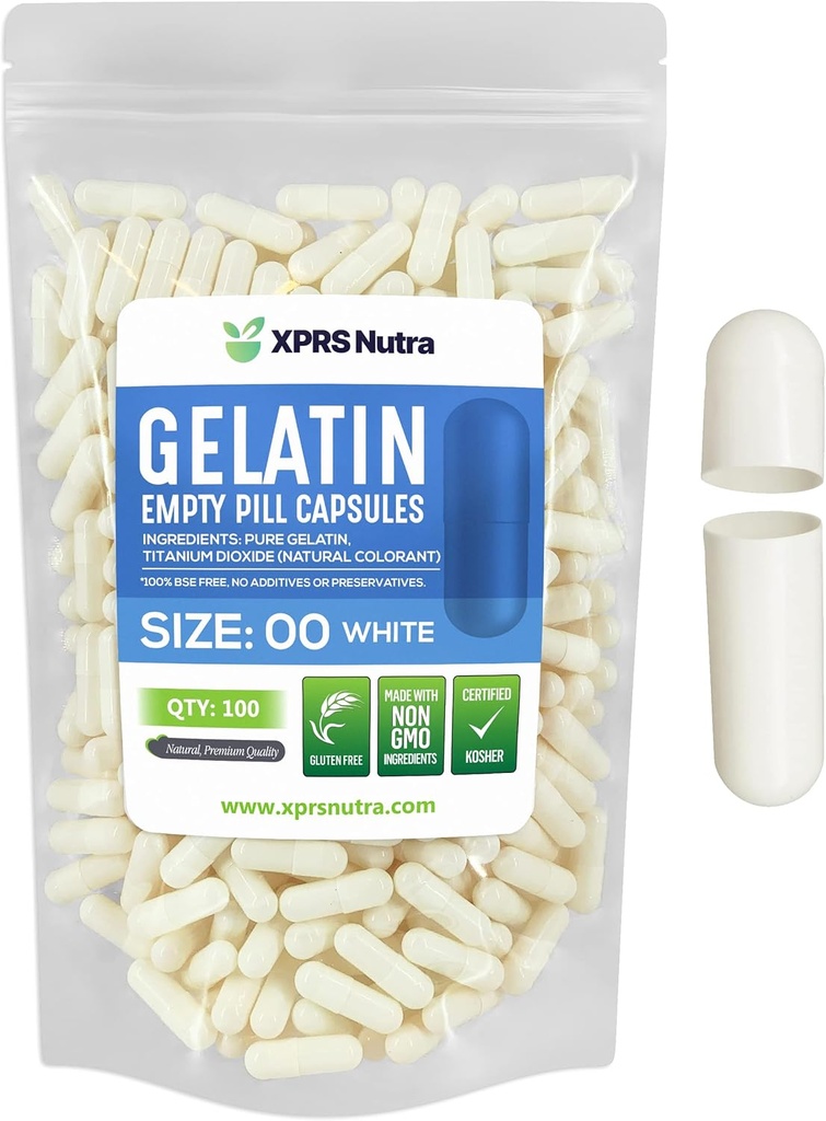 XPRS Nutraのサイズ00の空のカプセル- 100の計算の空のゼラチンのカプセル- DIYのカプセルの詰物- Do-It-Yourselfの補足のための満たされた丸薬のゲルの帽子(白)