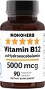 MONOHERB Hydroxo B12ビタミン5000mcg、Hydroxocobalamin、Hydroxy B12