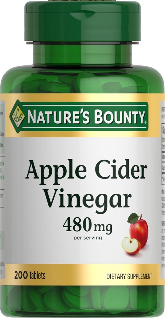 Nature's Bounty Apple Cider Vinegar 480mg Pills, ベジタリアン サプリメント プラントベース, 200 錠