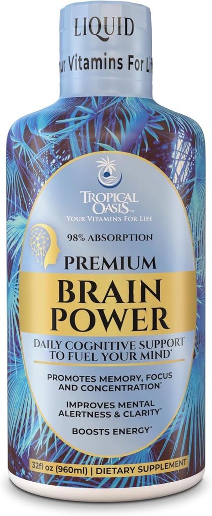 Tropical Oasis - Brain Power | Liquid Nootropic Supplement - Promotes Mental Clarity, Focus, and Memory Retention (Unflavored, 32 Servings)