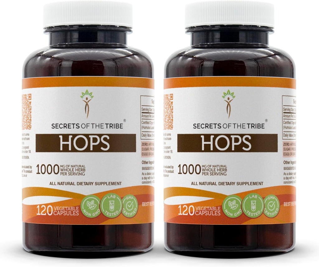 トライベホップの秘密 120カプセル(2個)、1000mg、ホップ(Humulus Lupulus)ドライフラワー(2x120カプセル)
