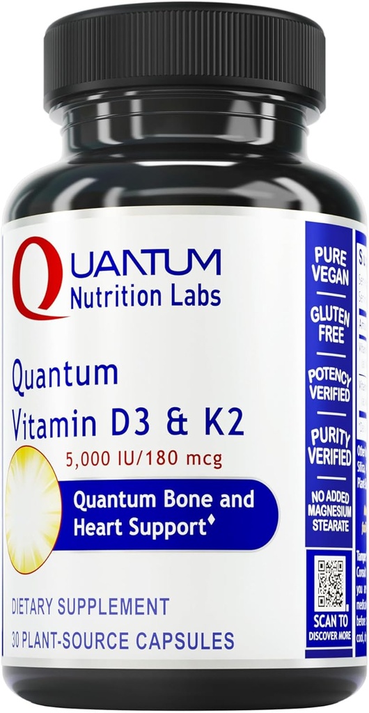 Quantum Nutrition LabsビタミンD3とK2サプリメント - 女性&男性のための骨と心の健康サポート、5000 IU、ビーガンビタミン、カルシウム吸収性、グルテンフリー - 30植物ベースのカプセルを可能に