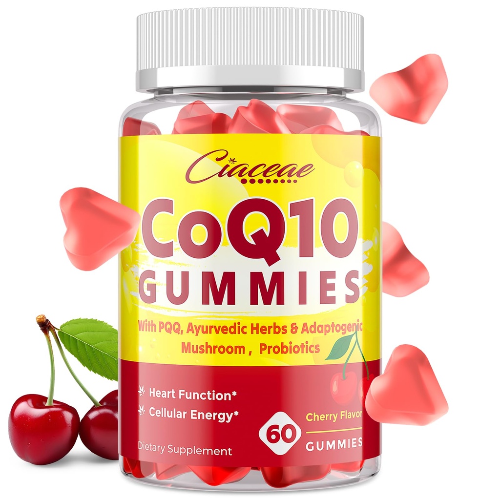 PQQ - 400 MG Coenzyme Q10の高い効力のCoQ10のグミー、Ayurvedicハーブ、心のための適応性のきのこのブレンド及びプロバイオティクス、頭脳、エネルギー、免除、チェリーの味、60のビーガンのグミーと高められる