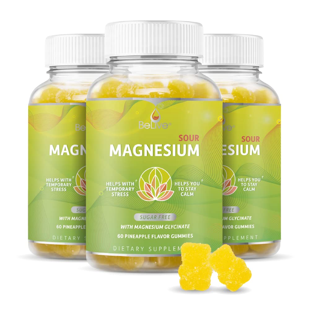 BeLiveのマグネシウムのグミー200mg - 60のCt   リラックスのためのマグネシウムのグリシナートの補足、ストレスの軽減および大人及び子供のための眠り - おいおよびタンギーのパイナップルの味(3)