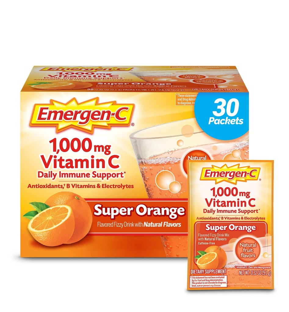 毎日の免疫サポートカフェインのためのEmergen-C 1000mgビタミンCの粉は亜鉛およびマンガン、Bのビタミンおよび電解物、極度のオレンジ味- 30の計算とビタミンCの補足します