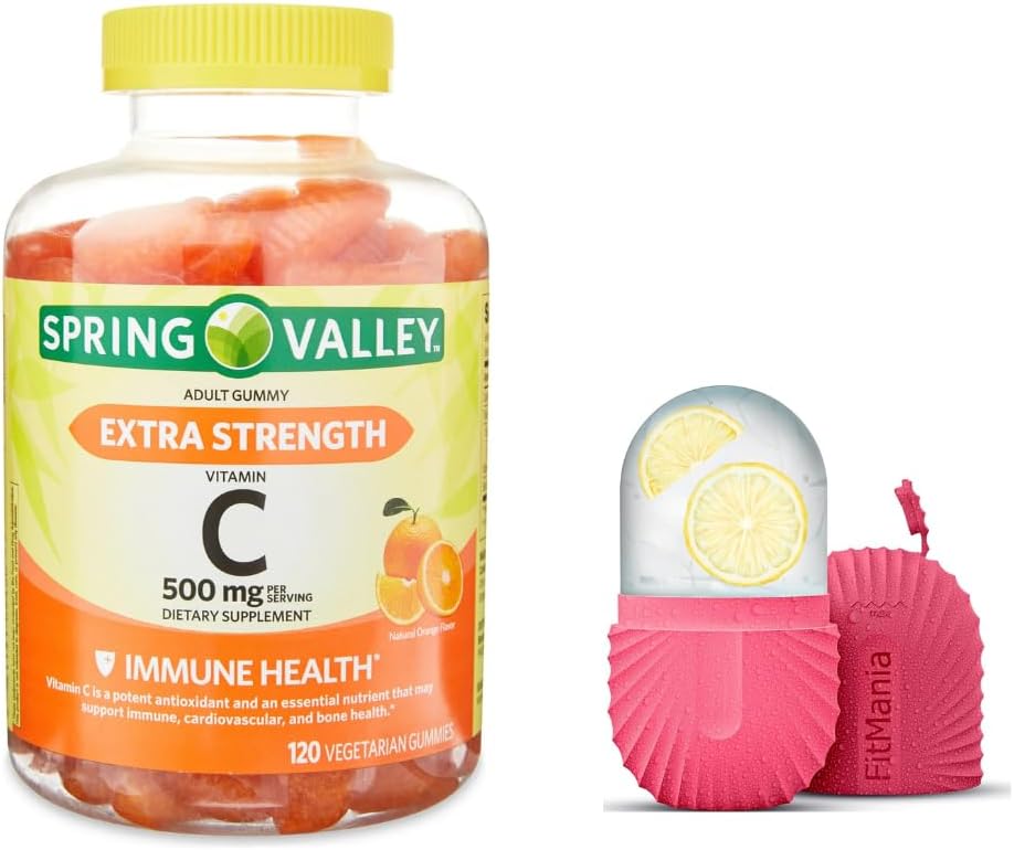 Spring Valley Extra Strength Vitamin C Dietary Supplement Vegetarian Gummies, Orange, 500 mg, 120 Ct and Gift Ice Roller for Face