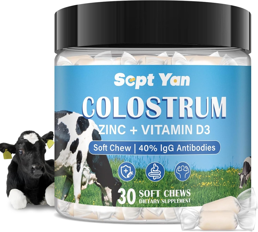 Colostrumの柔らかい咀嚼の補足(3000mg + 40% IgG)、集中された牛のColostrumのSuperfoodプラスのビタミンD3及び腸のための腸、免疫サポート、筋肉回復及び健康、草の送り、30の咀嚼