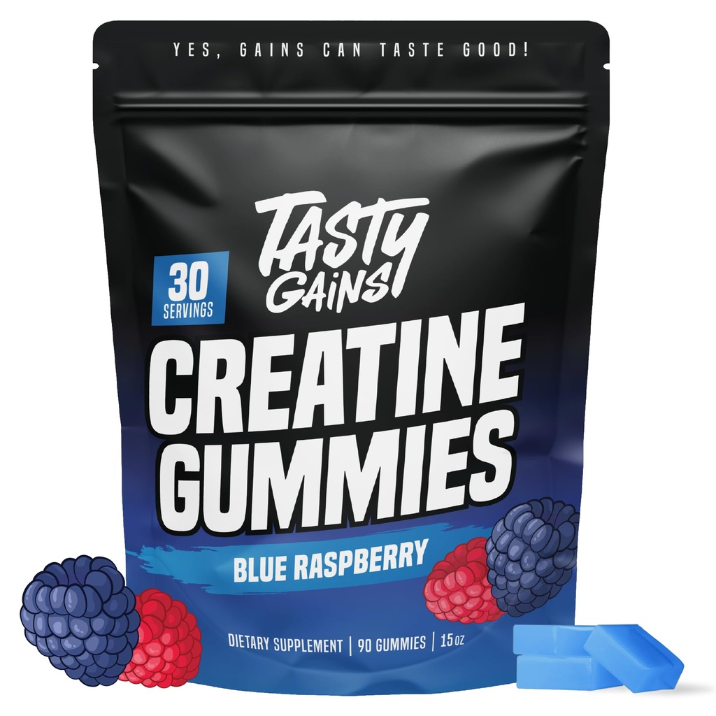 TASTY GAINSクレアチングミー - 90g の クレアチンモノハイド - ワークアウトサプリメント - 筋肉を構築 & 男性と女性のためのブースト強度 - 米国製 - 非GMO - ビーガンフレンドリー (大, ブルーラズベリー)