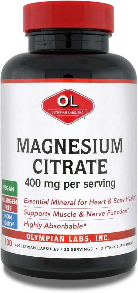 Olympian Labs Magnesium Citrate, 400mg 33 Servings, Support Healthy Nervous System, Muscle & Bone, 100 Capsules