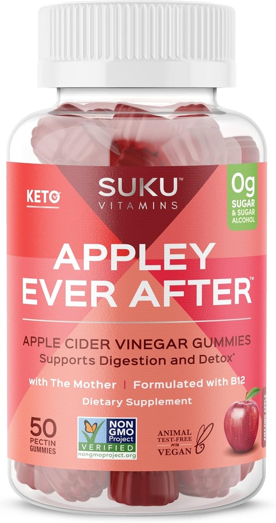 かつてグミーの後、SUKUアップル - メチル化されたB12&フォレートとApple Cider Vinegar - 砂糖フリー、グルテンフリー、ビーガンデトックス&エネルギーサポート - 驚くべきアップルフレーバー - 50カウント